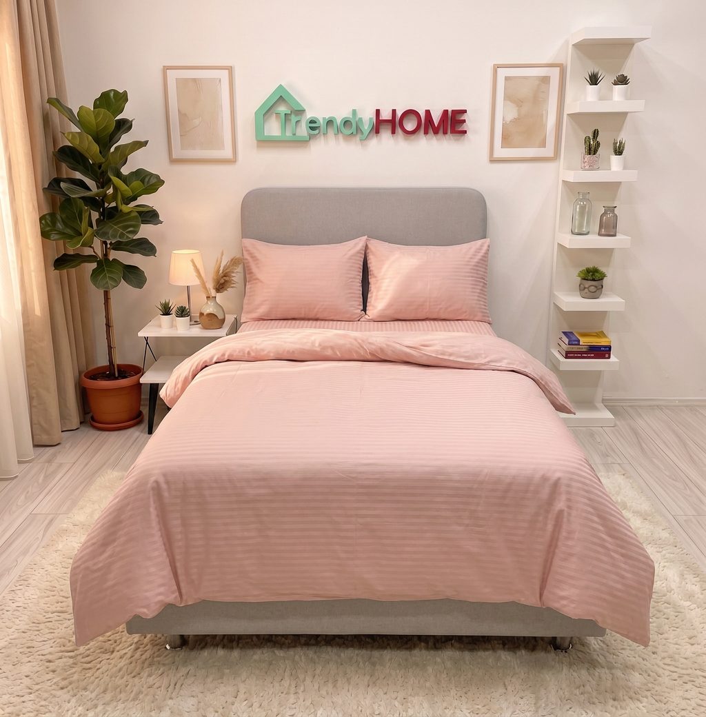 Lenjerie de Pat Cu Elastic, 1 Persoana, Damasc Finet, 4 Piese, UNI, Rose, DY-06 — fotografie reală, acasă