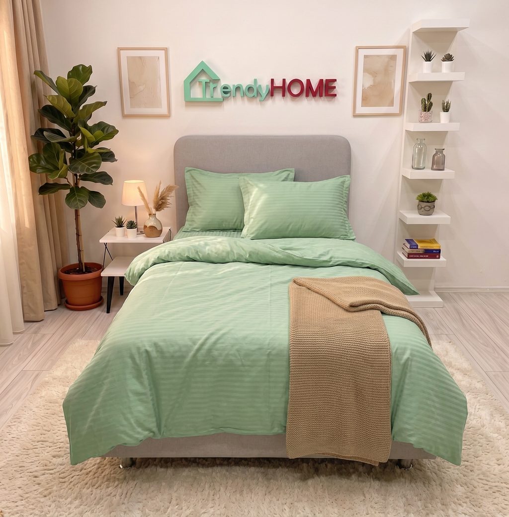 Lenjerie de Pat Cu Elastic, 1 Persoana, Damasc Finet, 4 Piese, UNI, Verde, DY-02 — fotografie reală, acasă