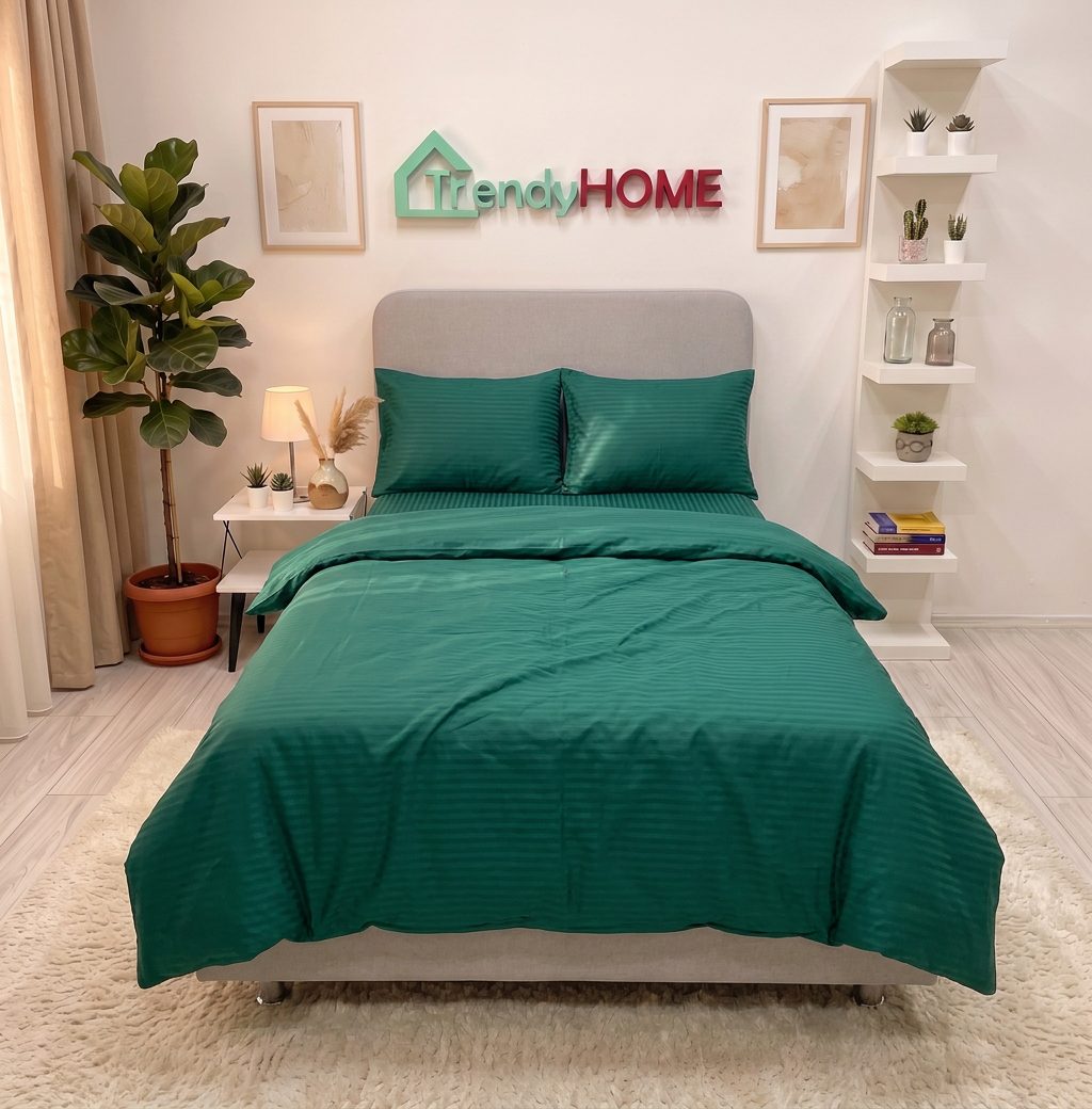 Lenjerie de Pat Cu Elastic, 1 Persoana, Damasc Finet, 4 Piese, UNI, Verde Smarald, DY-10 — fotografie reală, acasă