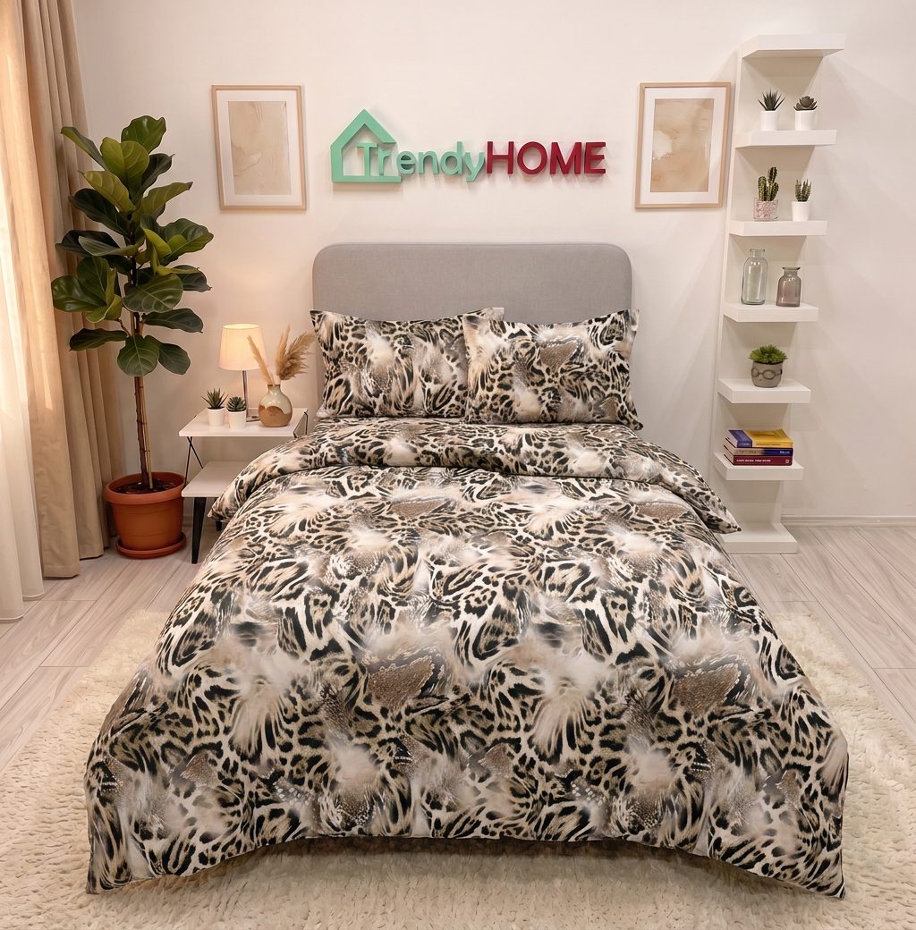 Lenjerie de pat cu elastic, UNI, Pat 1 Persoana, 4 Piese, Animal Print, Maro, T60-147 — fotografie reală, acasă