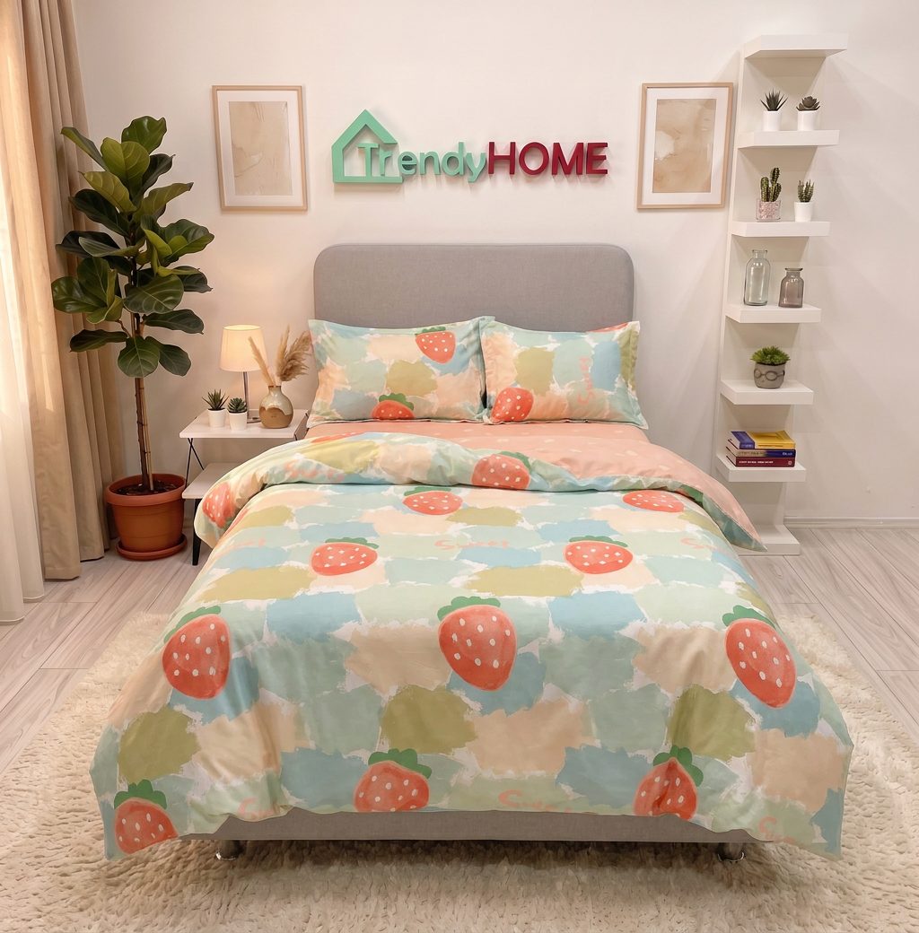 Lenjerie de pat cu elastic, UNI, Pat 1 Persoana, 4 Piese, Capsuni, Roz Pudra/Albastru, T60-105 — fotografie reală, acasă