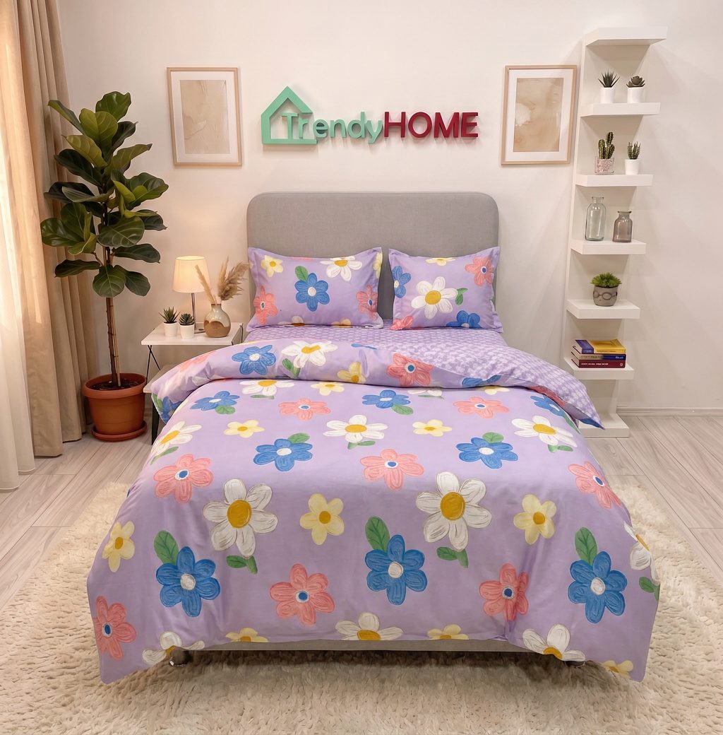 Lenjerie de pat cu elastic, UNI, Pat 1 Persoana, 4 Piese, Flori Multicolore, Violet, T60-79 — fotografie reală, acasă