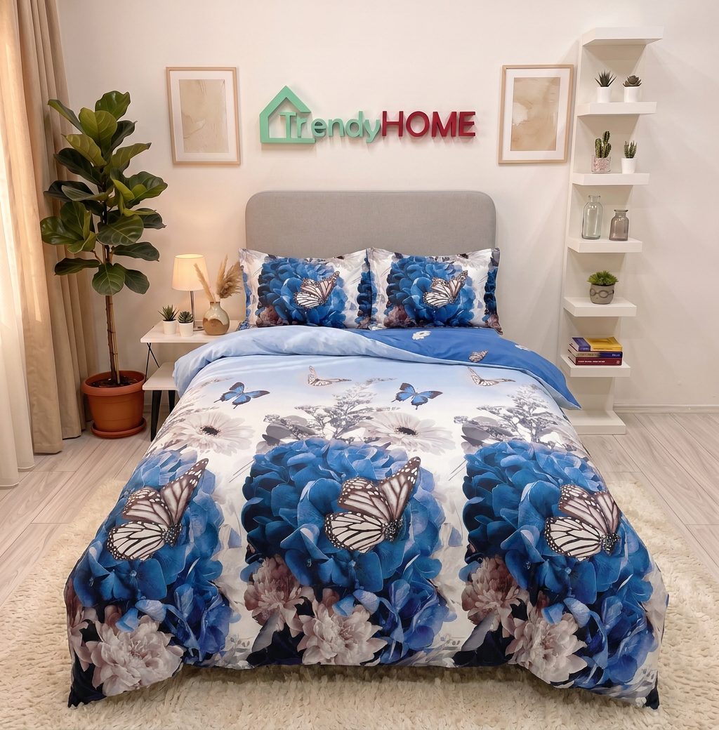 Lenjerie de pat cu elastic, UNI, Pat 1 Persoana, 4 Piese, Floricele, Albastru/Bleu, T60-141 — fotografie reală, acasă