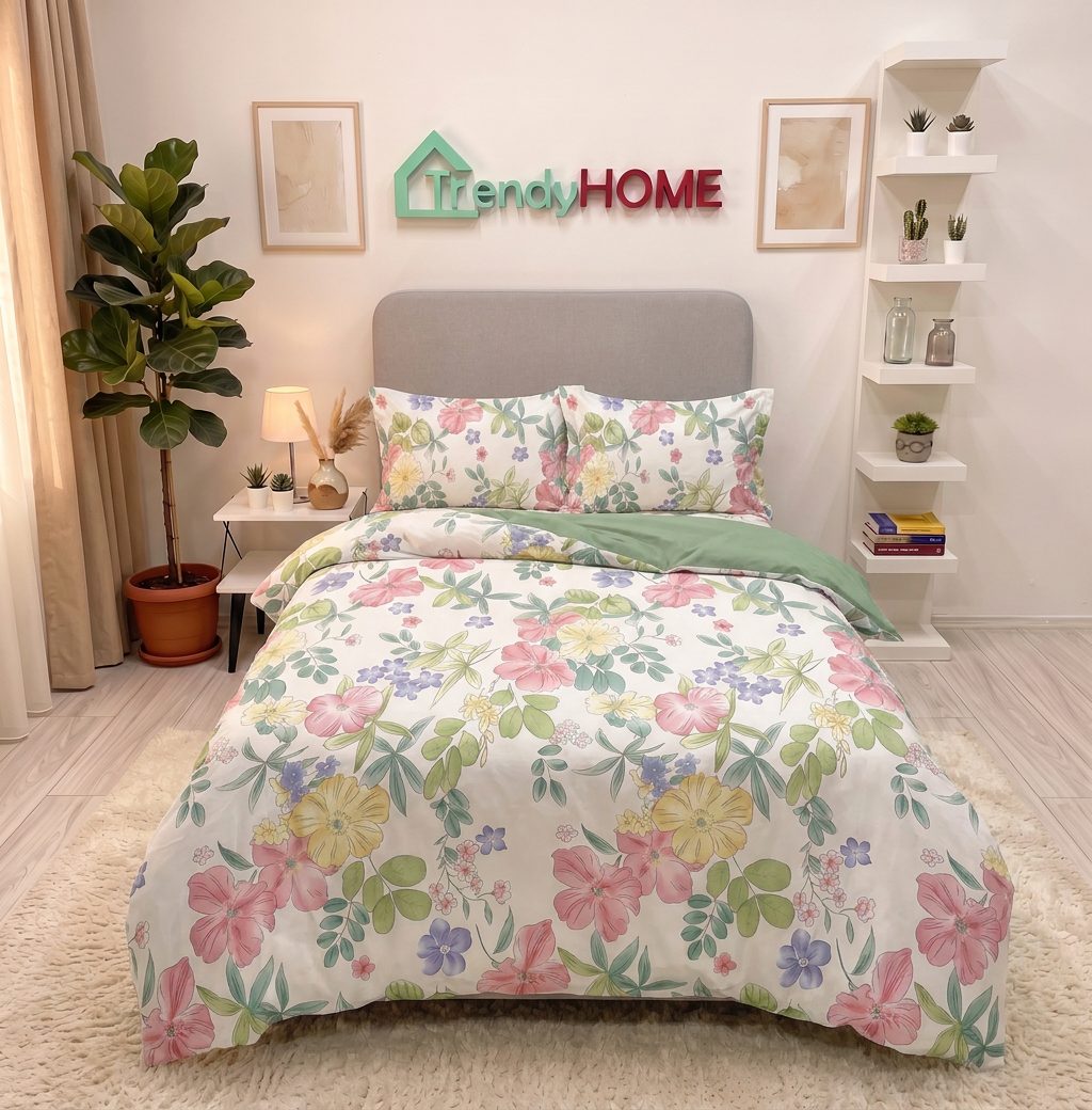 Lenjerie de pat cu elastic, UNI, Pat 1 Persoana, 4 Piese, Floricele, Multicolor, T60-151 — fotografie reală, acasă