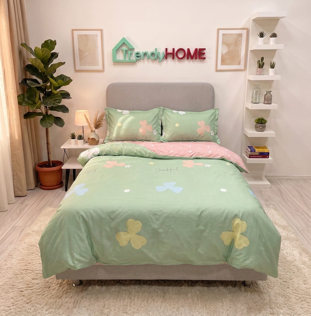 Lenjerie de pat cu elastic, UNI, Pat 1 Persoana, 4 Piese, Floricele, Verde/Roz, T60-149 — fotografie reală, acasă