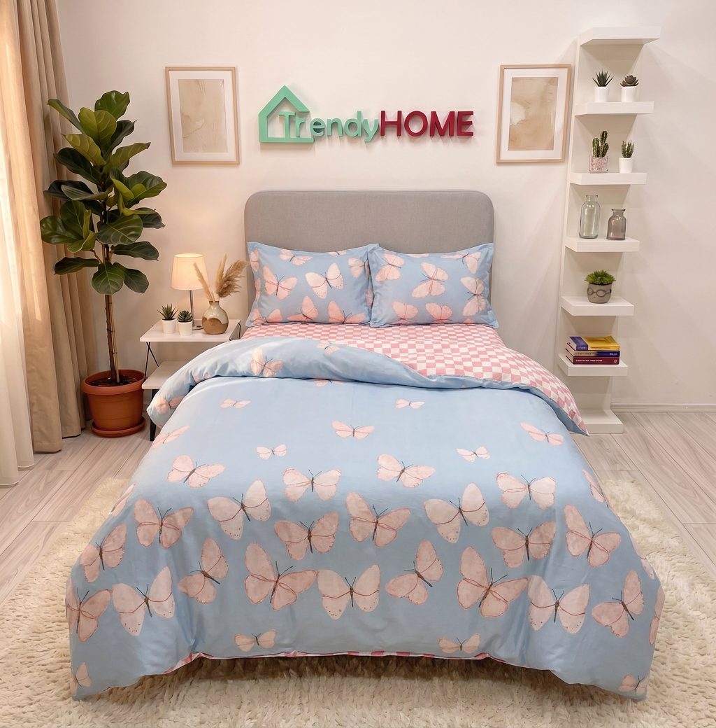 Lenjerie de pat cu elastic, UNI, Pat 1 Persoana, 4 Piese, Fluturi, Albastru/Roz, T60-100 — fotografie reală, acasă