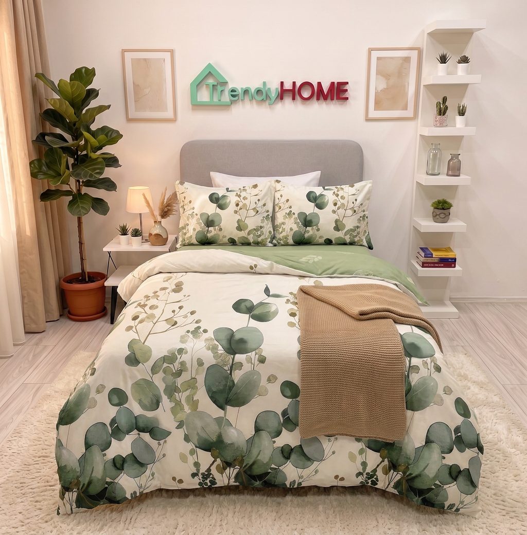 Lenjerie de pat cu elastic, UNI, Pat 1 Persoana, 4 Piese, Frunze, Verde, T60-142 — fotografie reală, acasă