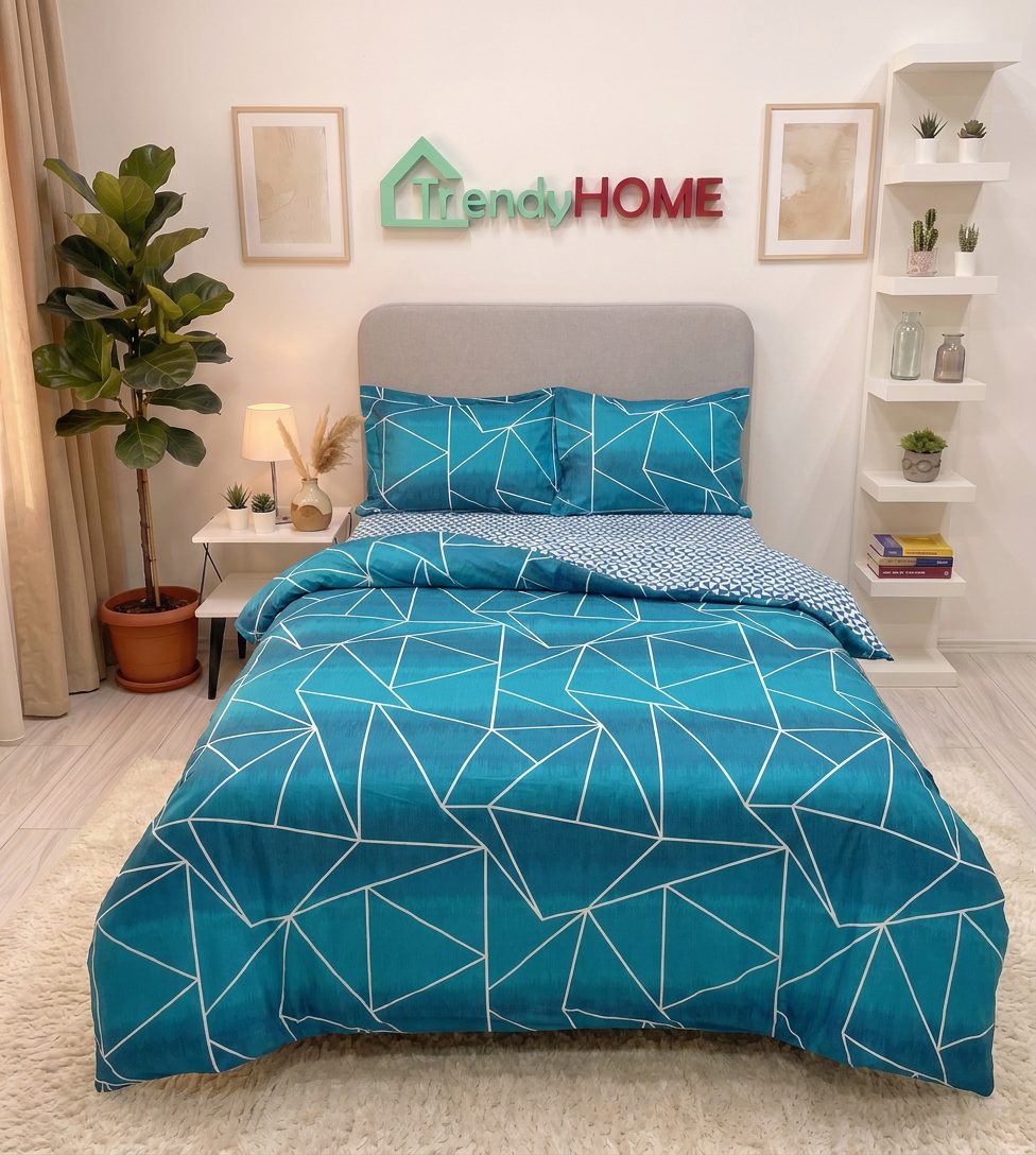 Lenjerie de pat cu elastic, UNI, Pat 1 Persoana, 4 Piese, Geometric, Albastru, T60-34 — fotografie reală, acasă