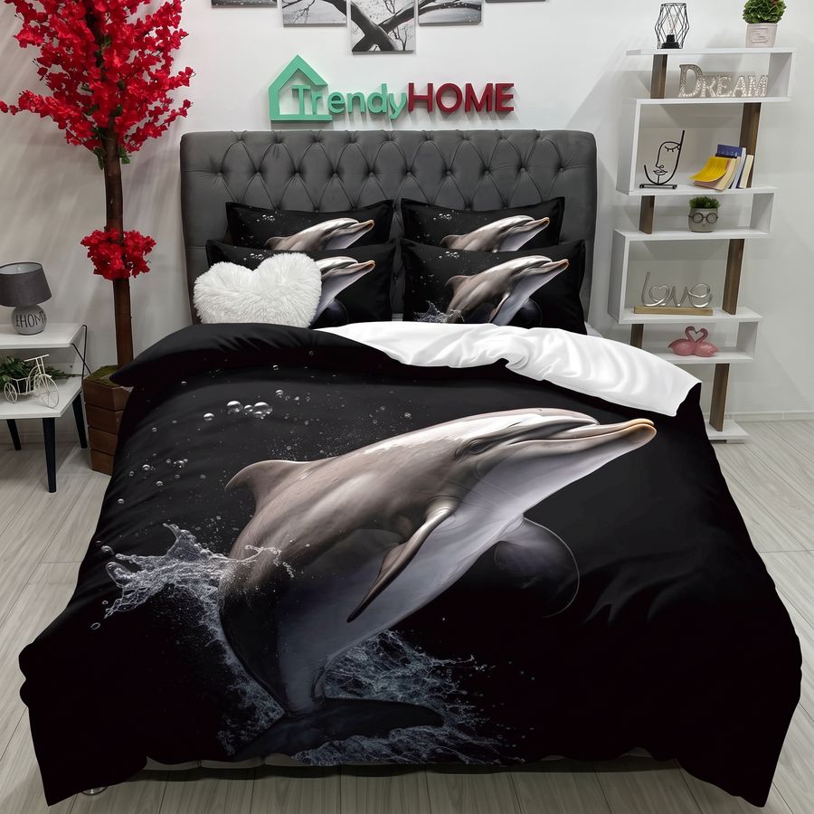 Lenjerie de Pat Dublu cu Elastic, 4 Piese, 3D – Model Delfini, Negru, BT-01 — fotografie reală, acasă