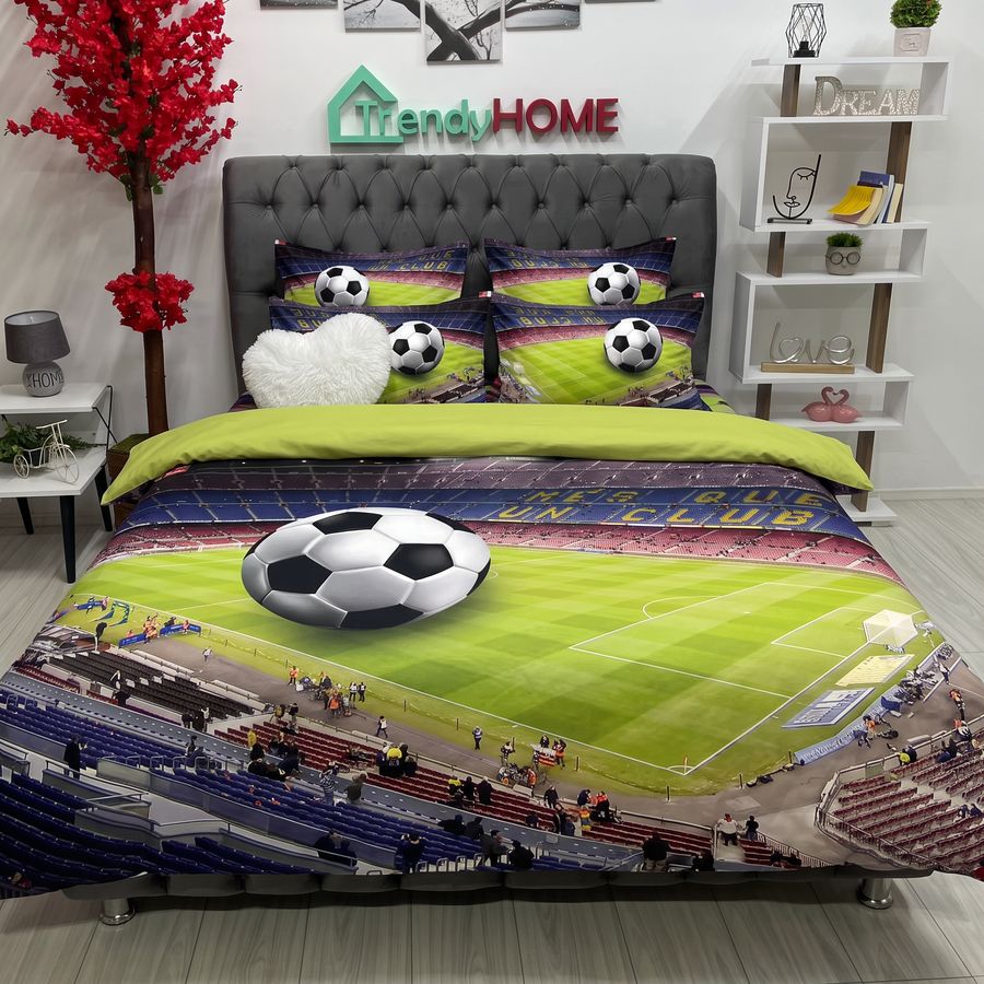 Lenjerie de Pat Dublu cu Elastic, 4 Piese, 3D – Model Stadion Fotbal, BT-04 — fotografie reală, acasă