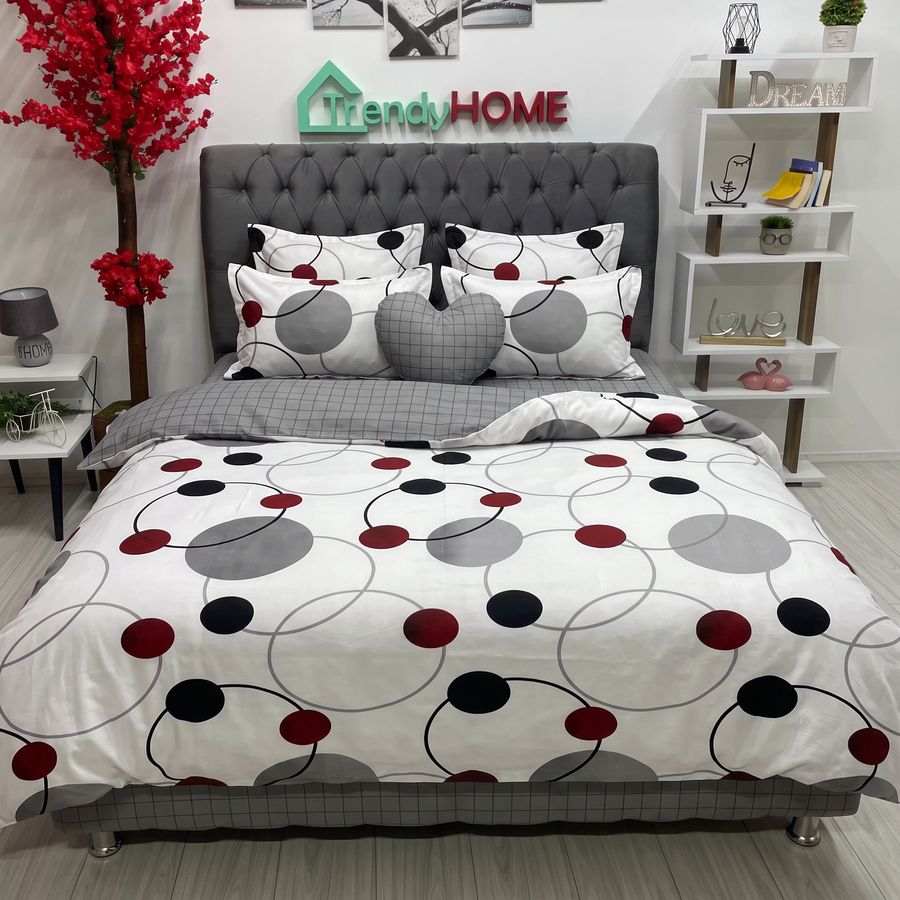 Lenjerie de Pat Dublu cu Elastic, Bumbac Satinat, 4 Piese, Cercuri, Gri/Alb, E145 — fotografie reală, acasă