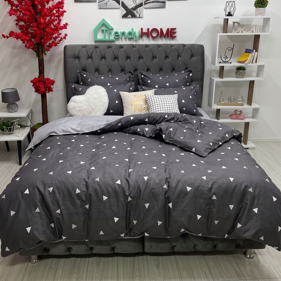 Lenjerie de Pat Dublu cu Elastic, Bumbac Satinat, 4 Piese, Modern, Negru/Gri E 123 — fotografie reală, acasă