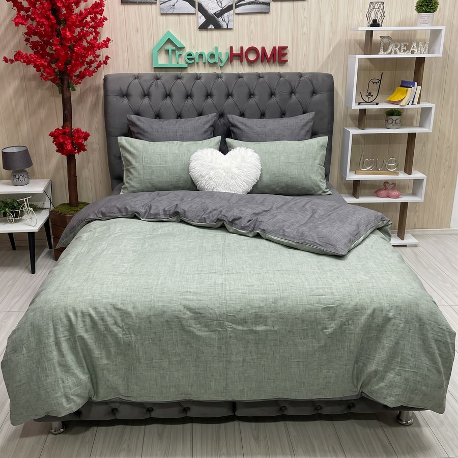 Lenjerie de Pat Dublu cu Elastic, Bumbac Satinat, 4 Piese, Modern ,Verde Kaki,Gri E 102 — fotografie reală, acasă