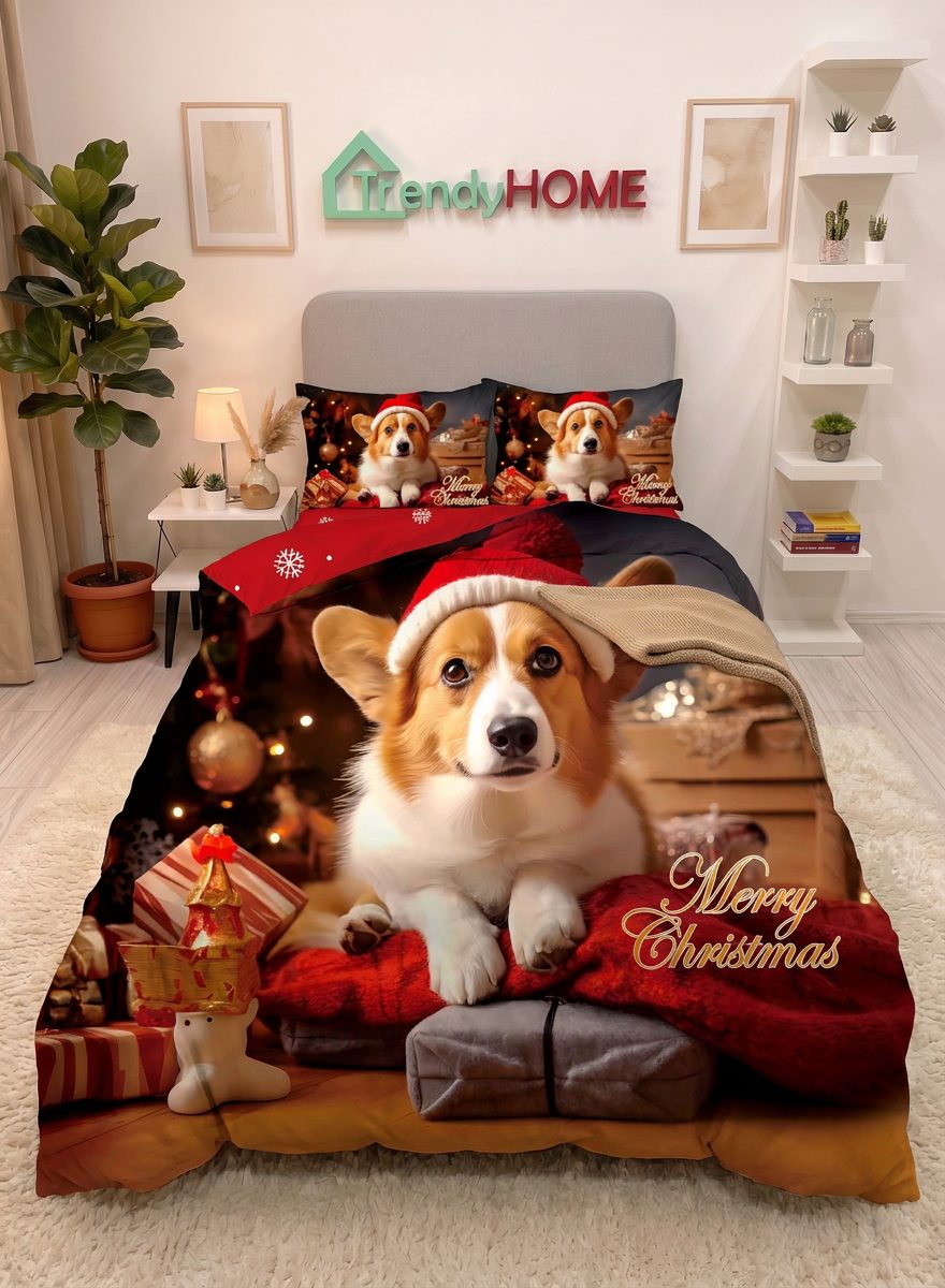 Lenjerie Finet 1 Persoana de Craciun, Catel Corgi / Merry Christmas, Qy-29 — fotografie reală, acasă