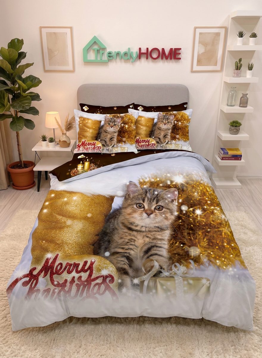 Lenjerie Finet 1 Persoana de Craciun, Model cu Pisicuta, Decor Auriu si Mesaj Merry Christmas, Qy-16 — fotografie reală, acasă