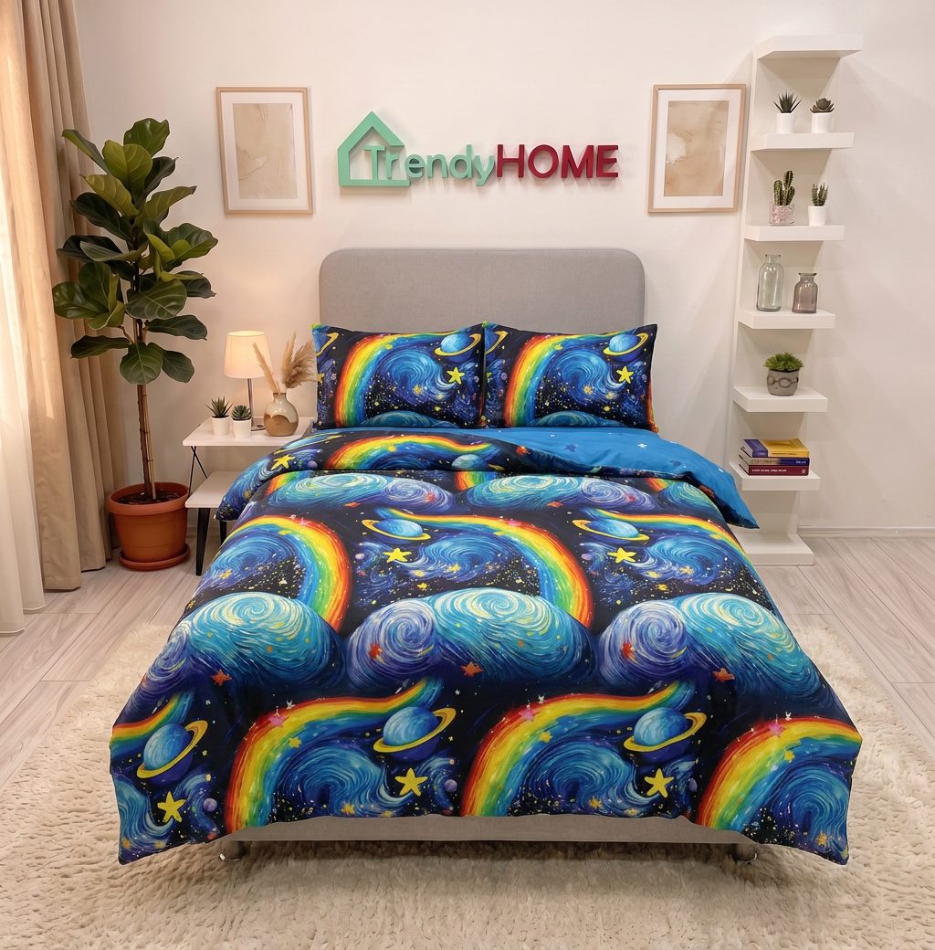 Lenjerie pat 1 Persoana, 4 PIESE, Bumbac Finet, Curcubeu Si Planete, Multicolor, Y60-160 — fotografie reală, acasă