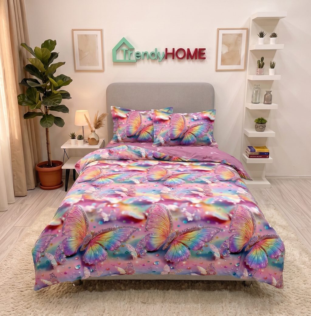 Lenjerie pat 1 Persoana, 4 PIESE, Bumbac Finet, Fluturi, Multicolor, Y60-150 — fotografie reală, acasă
