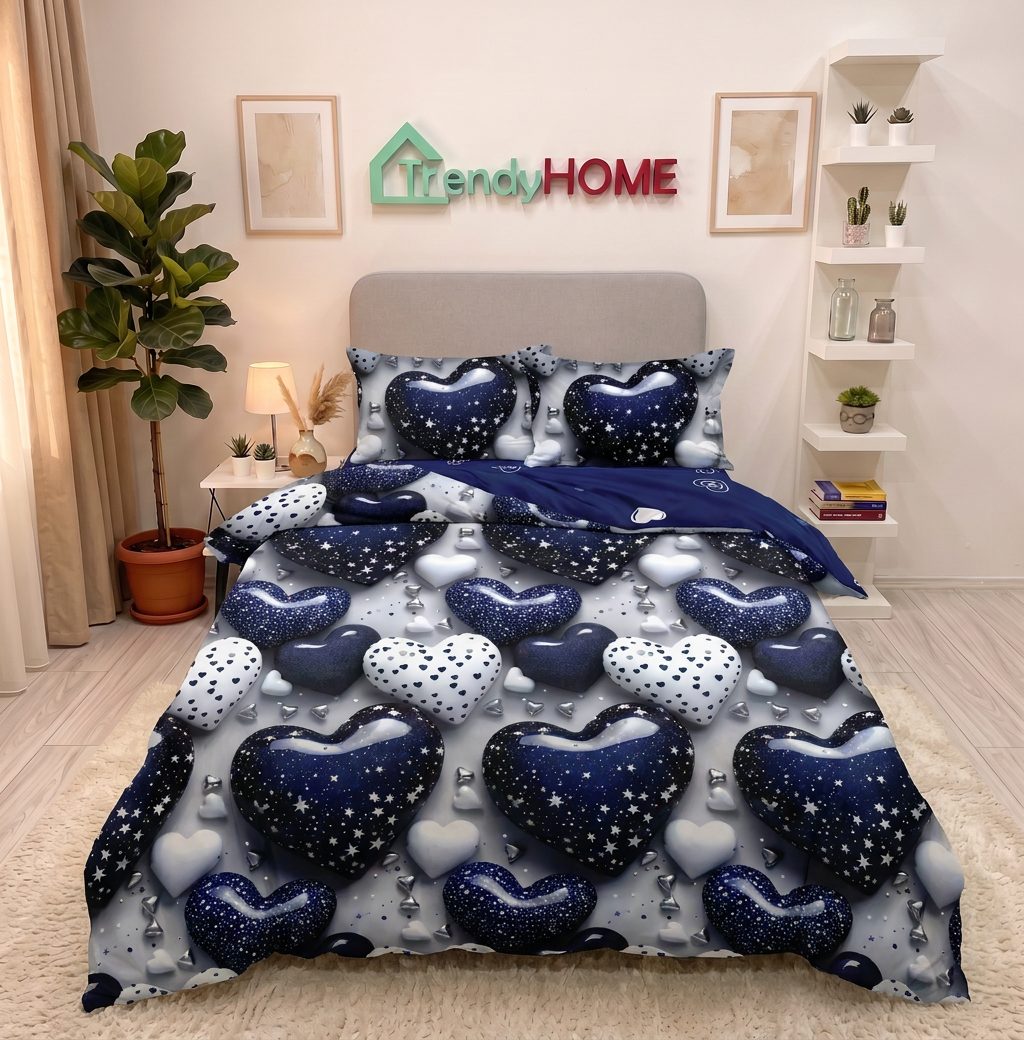 Lenjerie pat 1 Persoana, 4 PIESE, Bumbac Finet, Inimioare, Multicolor, Y60-151 — fotografie reală, acasă
