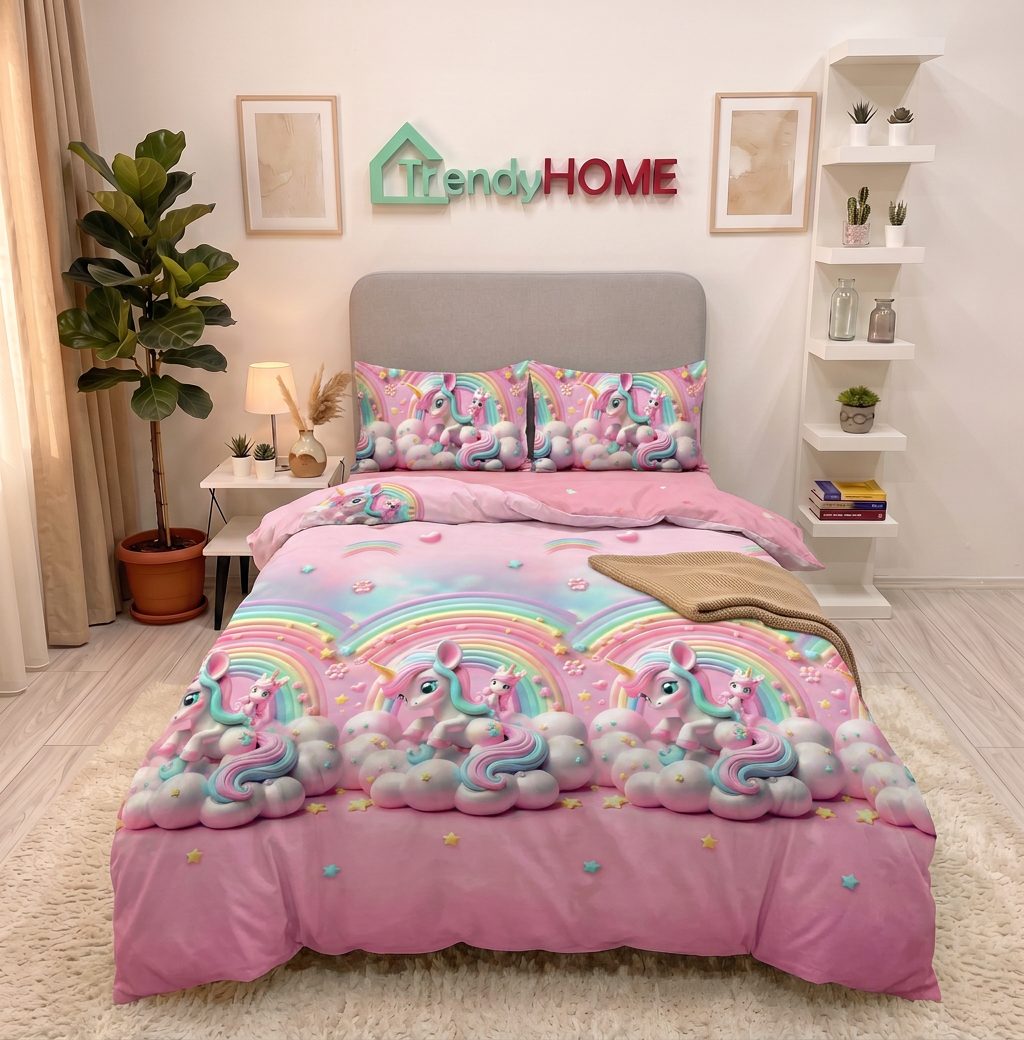 Lenjerie pat 1 Persoana, 4 PIESE, Bumbac Finet, Little Pony, Roz, Y60-159 — fotografie reală, acasă