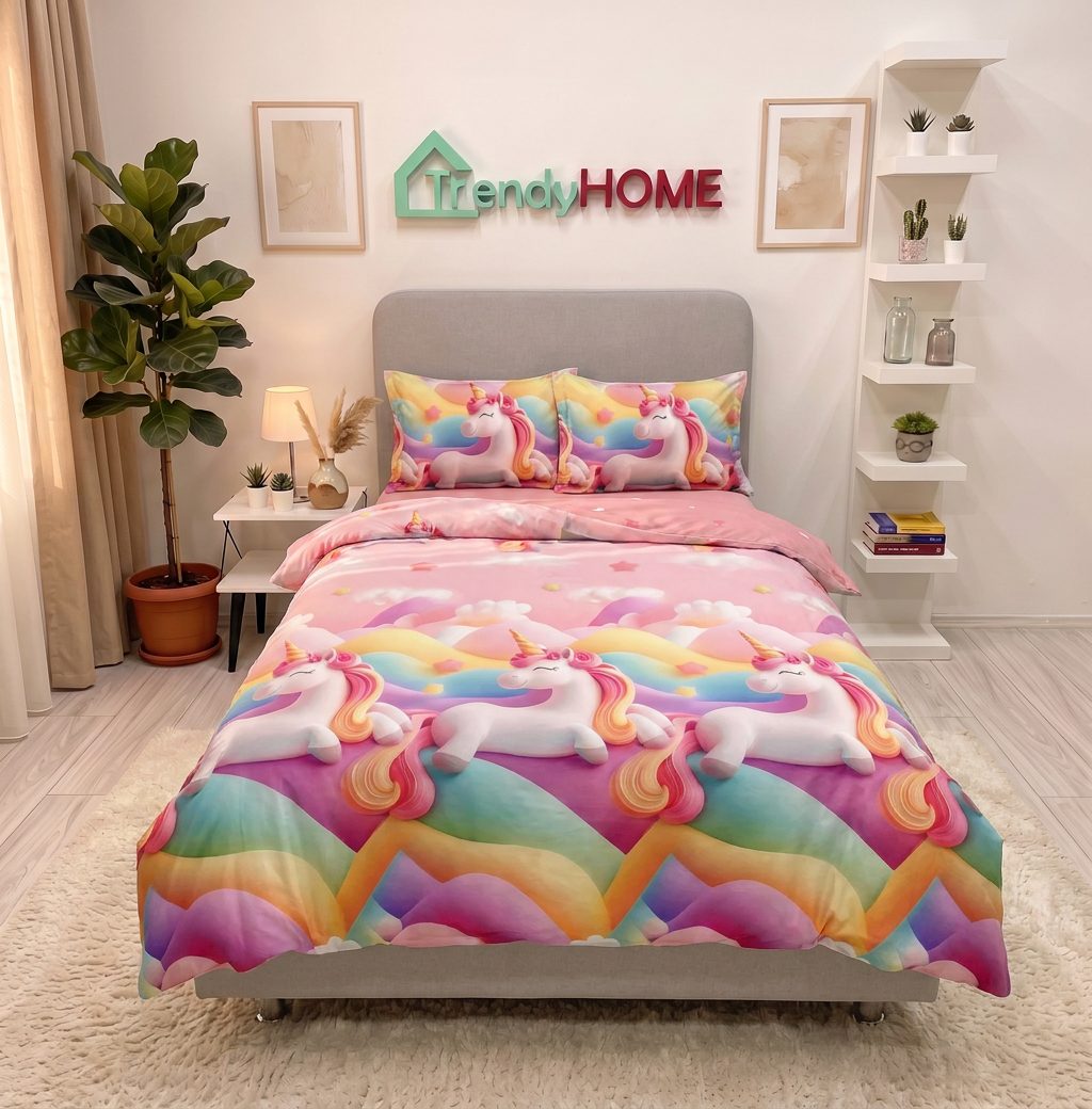 Lenjerie pat 1 Persoana, 4 PIESE, Bumbac Finet, Unicorni, Multicolor, Y60-154 — fotografie reală, acasă
