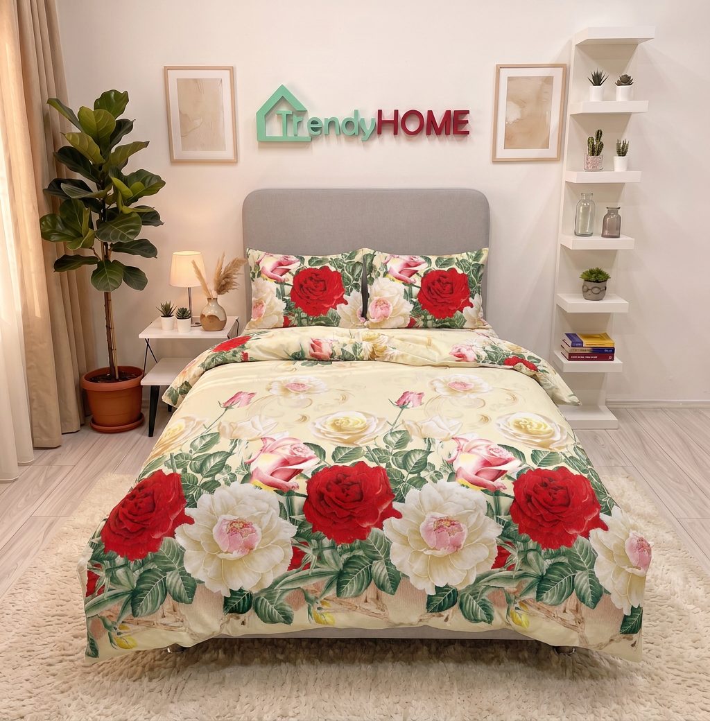 Lenjerie pat 1 Persoana, 4 PIESE, Bumbac Satinat, 3D, Model Flori, Bej, BG-11 — fotografie reală, acasă