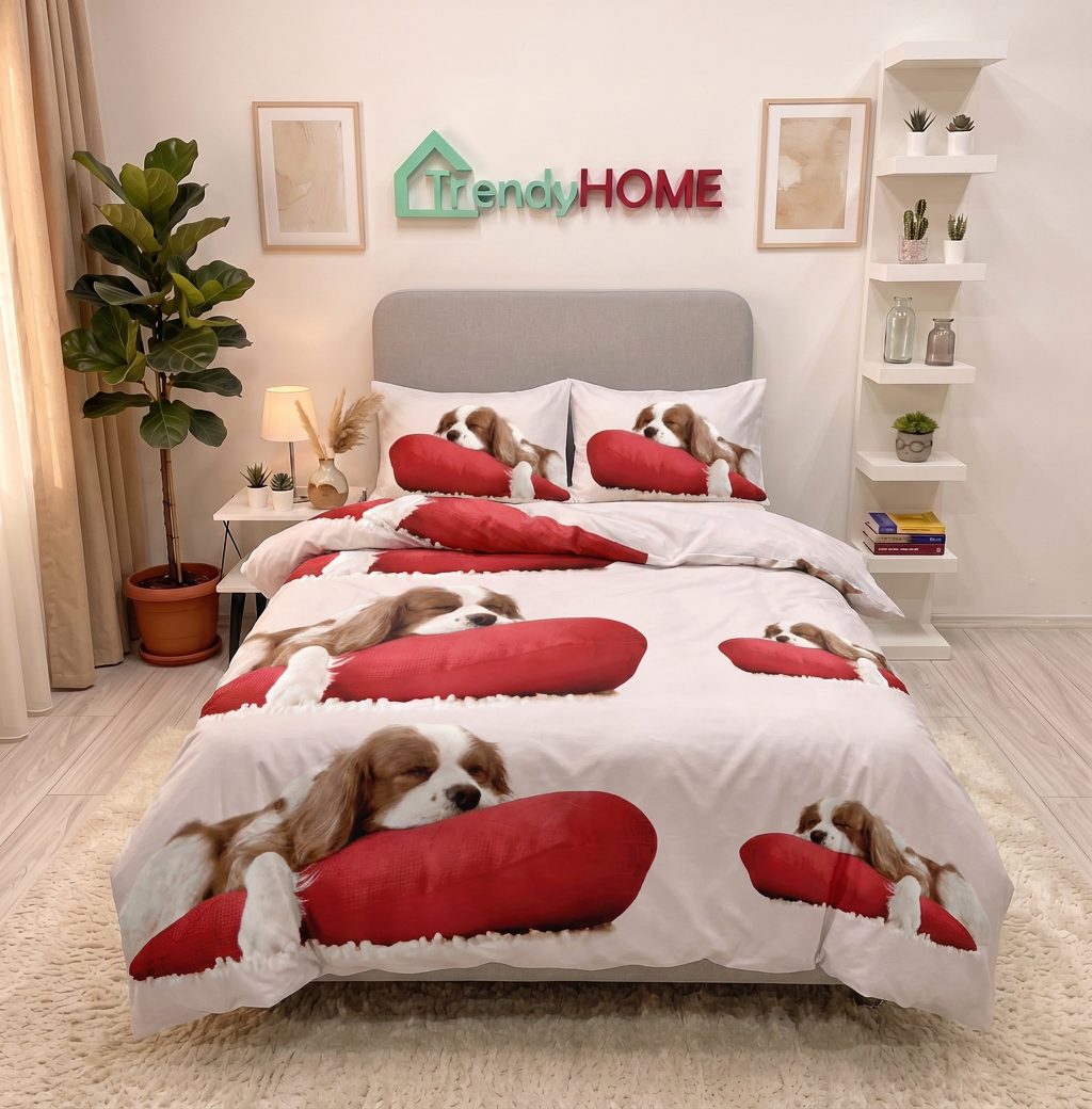 Lenjerie pat 1 Persoana, 4 PIESE, Bumbac Satinat, 3D, Model Catelus, Alb/Rosu BG-07 — fotografie reală, acasă