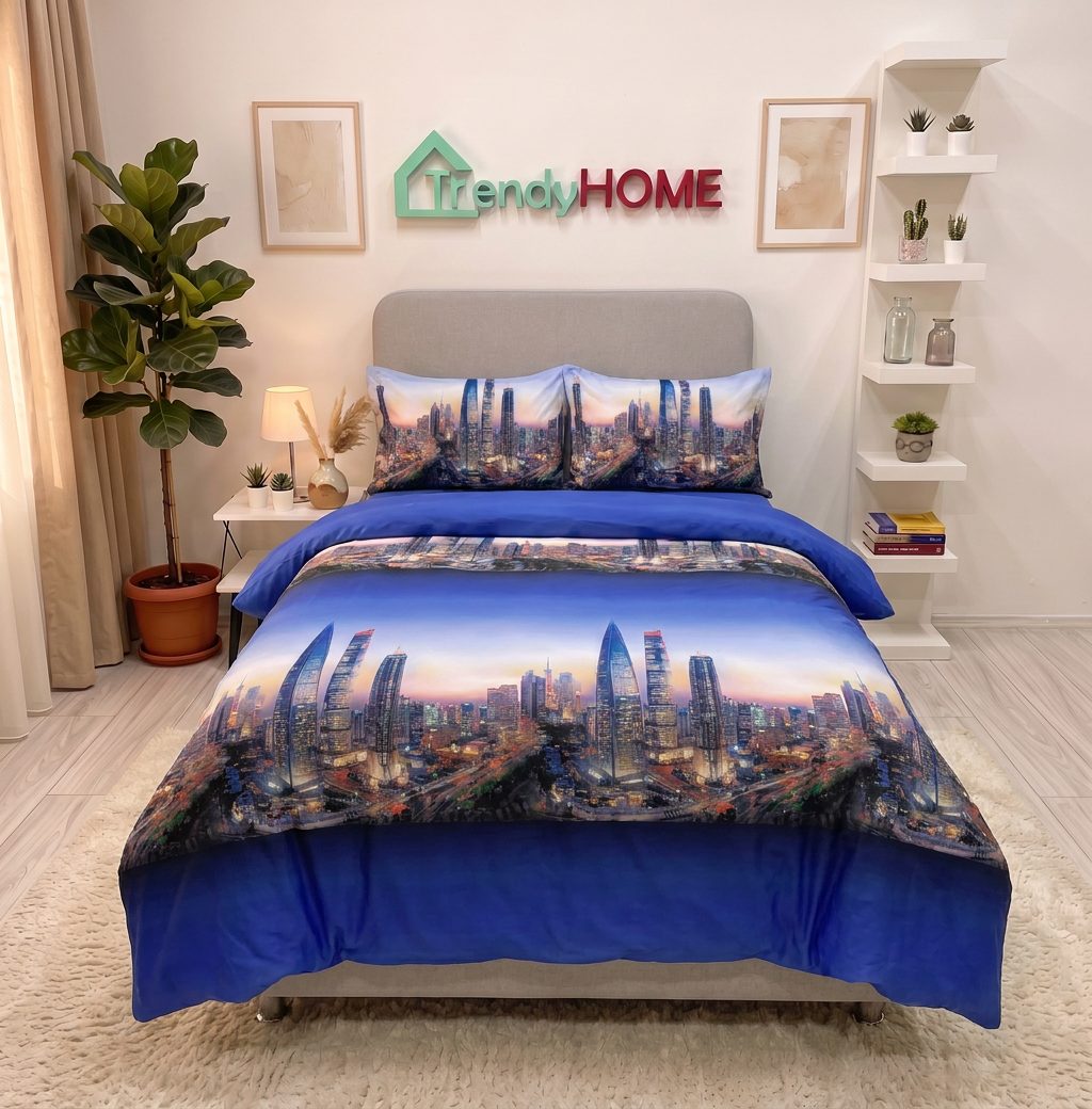 Lenjerie pat 1 Persoana, 4 PIESE, Bumbac Satinat, 3D, Model City, Albastru BG-03 — fotografie reală, acasă
