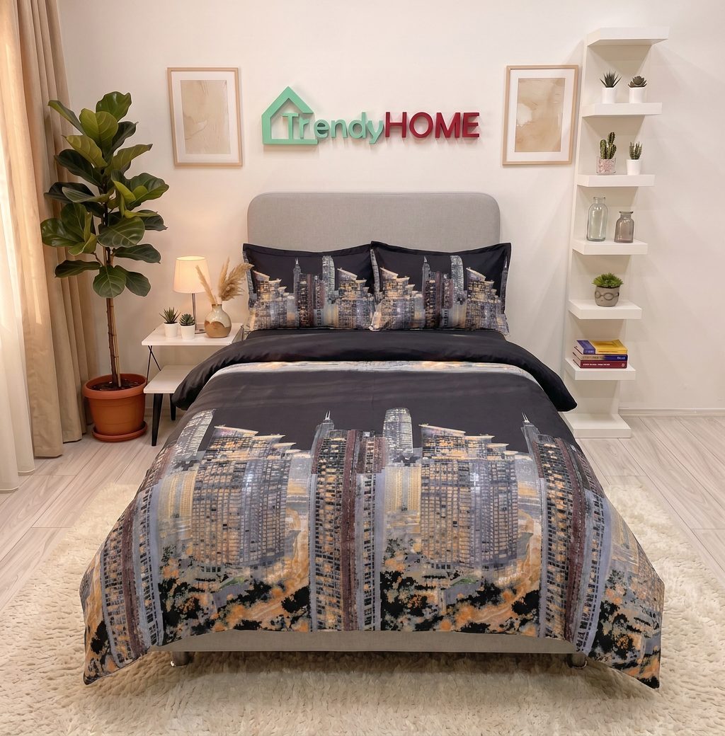 Lenjerie pat 1 Persoana, 4 PIESE, Bumbac Satinat, 3D, Model City, Negru BG-04 — fotografie reală, acasă