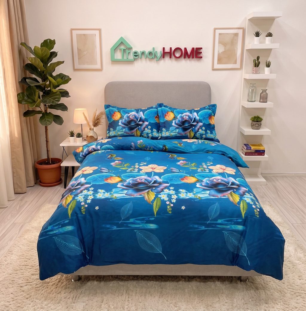Lenjerie pat 1 Persoana, 4 PIESE, Bumbac Satinat, 3D, Model Floral, Albastru BG-21 — fotografie reală, acasă