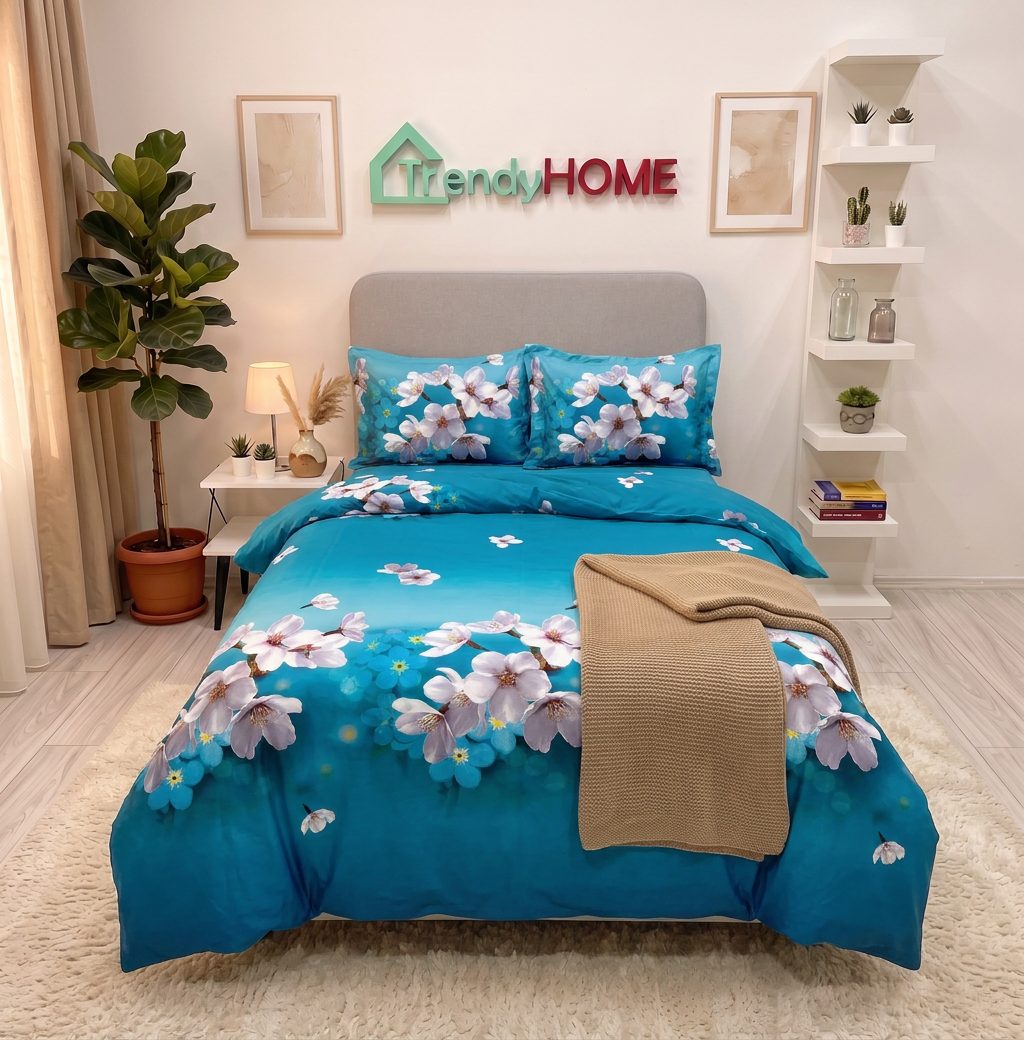 Lenjerie pat 1 Persoana, 4 PIESE, Bumbac Satinat, 3D, Model Floral, Albastru, BG-25 — fotografie reală, acasă