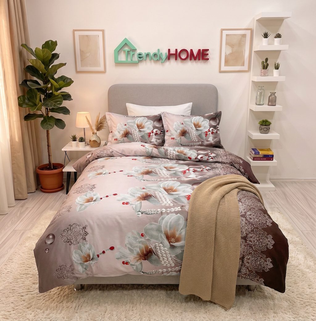 Lenjerie pat 1 Persoana, 4 PIESE, Bumbac Satinat, 3D, Model Floral Artistic, BG-31 — fotografie reală, acasă