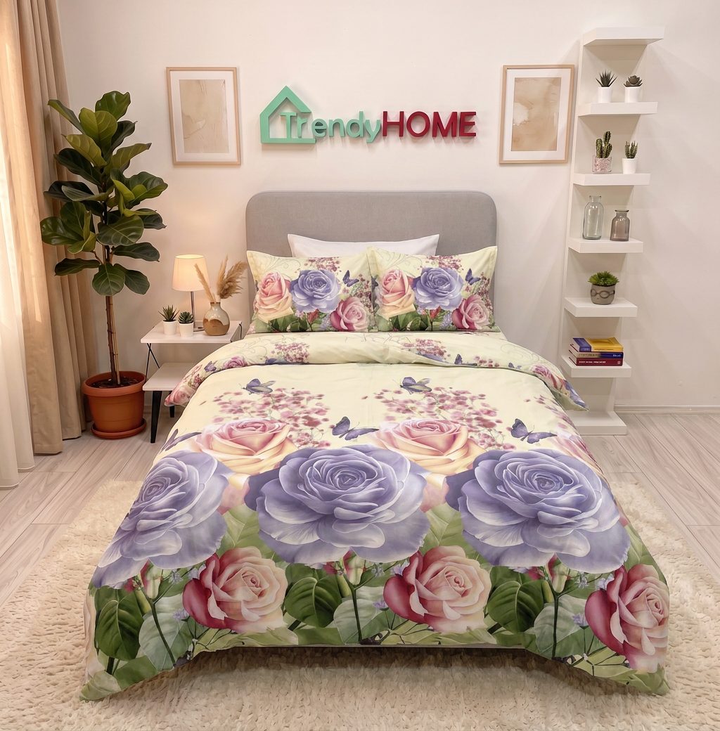 Lenjerie pat 1 Persoana, 4 PIESE, Bumbac Satinat, 3D, Model Floral, Bej, BG-01 — fotografie reală, acasă