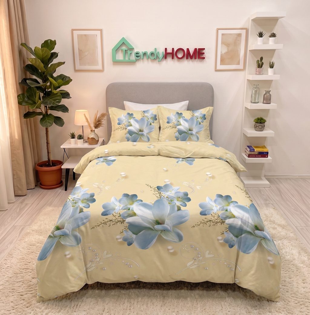 Lenjerie pat 1 Persoana, 4 PIESE, Bumbac Satinat, 3D, Model Floral, Bej, BG-30 — fotografie reală, acasă