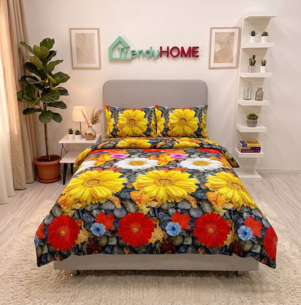 Lenjerie pat 1 Persoana, 4 PIESE, Bumbac Satinat, 3D, Model Floral, BG-02 — fotografie reală, acasă