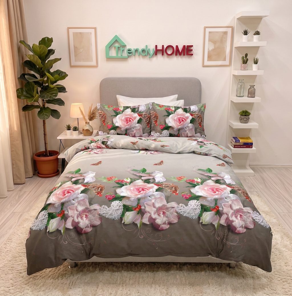 Lenjerie pat 1 Persoana, 4 PIESE, Bumbac Satinat, 3D, Model Floral,  BG-24 — fotografie reală, acasă