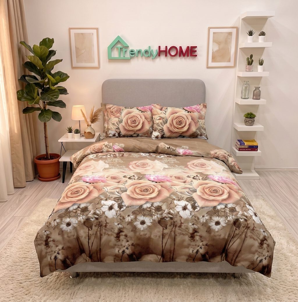 Lenjerie pat 1 Persoana, 4 PIESE, Bumbac Satinat, 3D, Model Floral, Crem BG-20 — fotografie reală, acasă