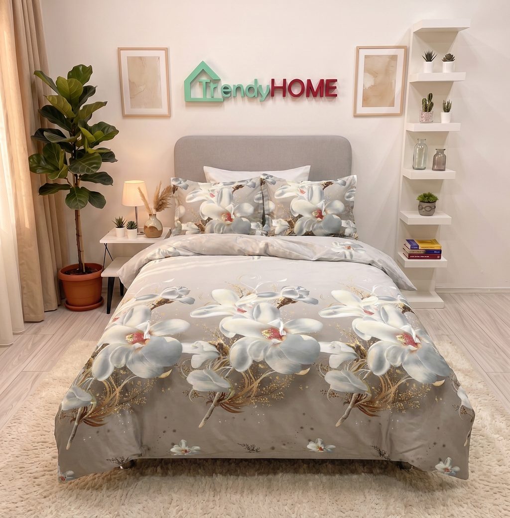 Lenjerie pat 1 Persoana, 4 PIESE, Bumbac Satinat, 3D, Model Floral, Gri BG-08 — fotografie reală, acasă