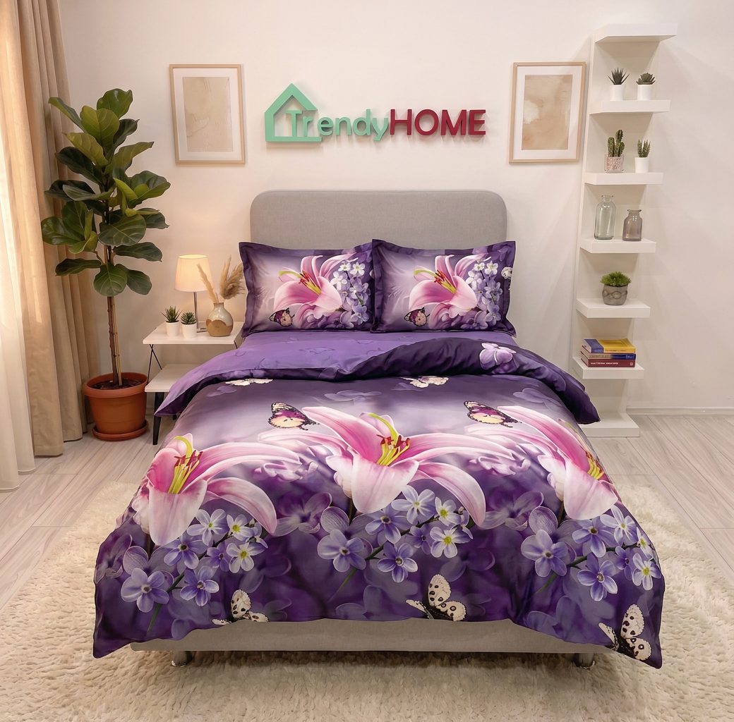Lenjerie pat 1 Persoana, 4 PIESE, Bumbac Satinat, 3D, Model Floral, Mov, BG-29 — fotografie reală, acasă