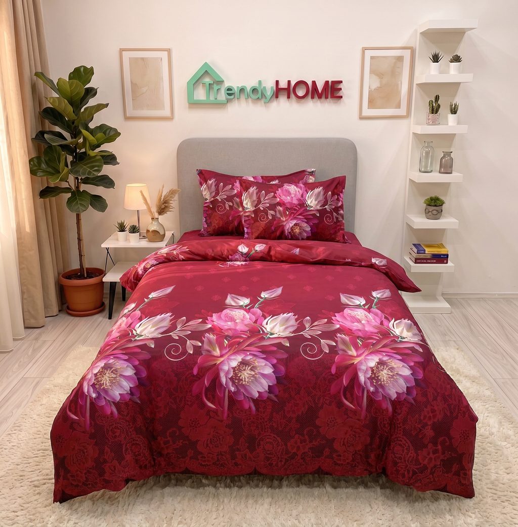 Lenjerie pat 1 Persoana, 4 PIESE, Bumbac Satinat, 3D, Model Floral, Rosu BG-10 — fotografie reală, acasă