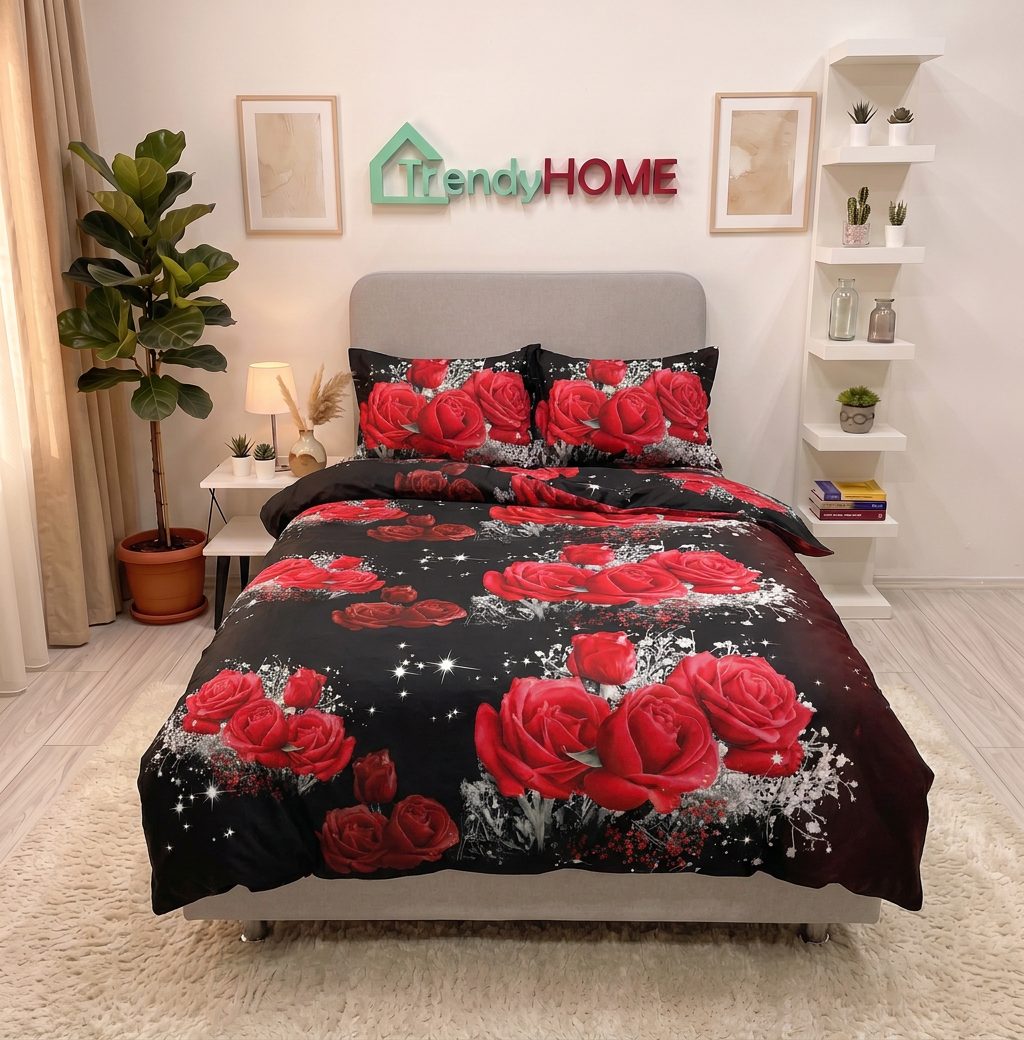 Lenjerie pat 1 Persoana, 4 PIESE, Bumbac Satinat, 3D, Model Trandafiri, Rosu/Negru BG-14 — fotografie reală, acasă