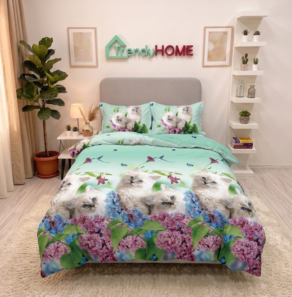 Lenjerie pat 1 Persoana, 4 PIESE, Bumbac Satinat, 3D, Model Floral, Turcoaz BG-06 — fotografie reală, acasă