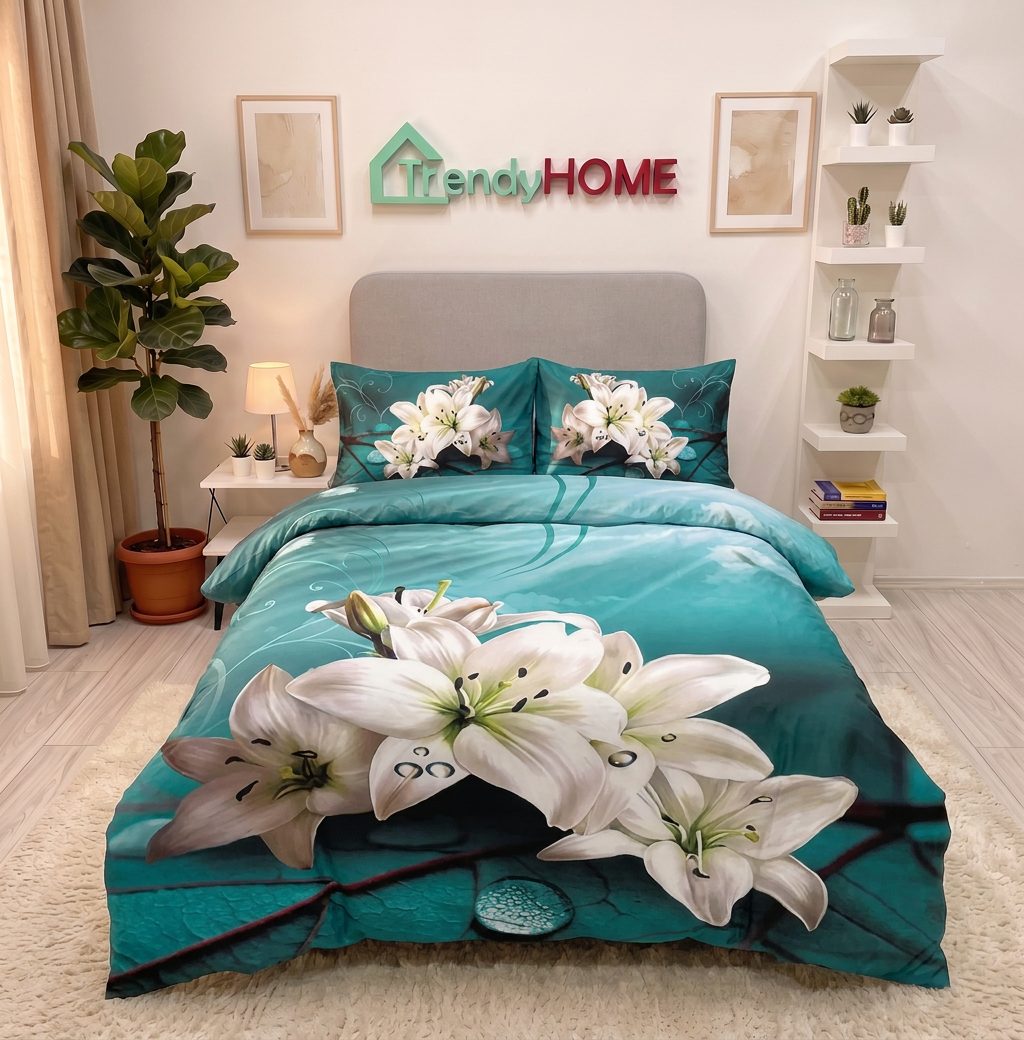 Lenjerie pat 1 Persoana, 4 PIESE, Bumbac Satinat, 3D, Model Floral, Turcoaz, BG-26 — fotografie reală, acasă