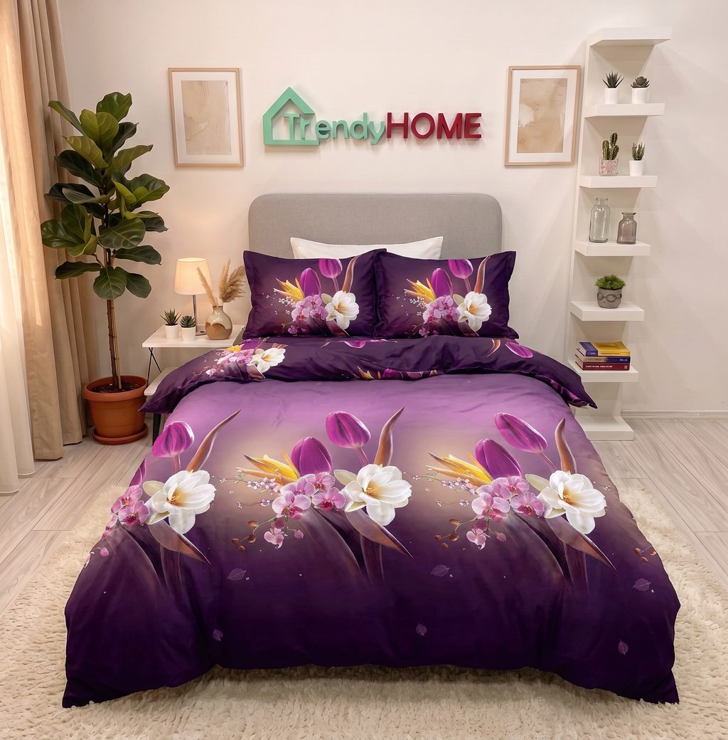 Lenjerie pat 1 Persoana, 4 PIESE, Bumbac Satinat, 3D, Model Flori, Mov, BG-32 — fotografie reală, acasă