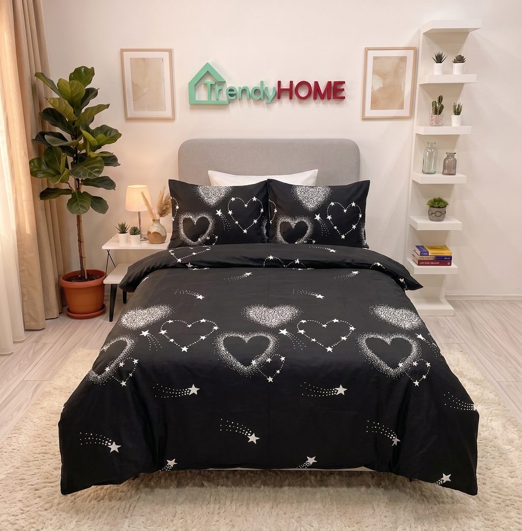 Lenjerie pat 1 Persoana, 4 PIESE, Bumbac Satinat, 3D, Model Inimi, Negru, BG-34 — fotografie reală, acasă