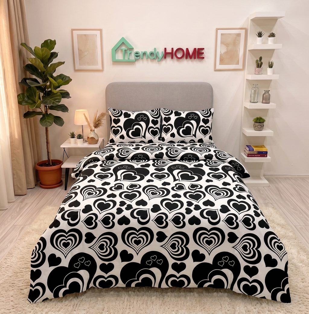 Lenjerie pat 1 Persoana, 4 PIESE, Bumbac Satinat, 3D, Model Inimioare, Alb/Negru, BG-28 — fotografie reală, acasă