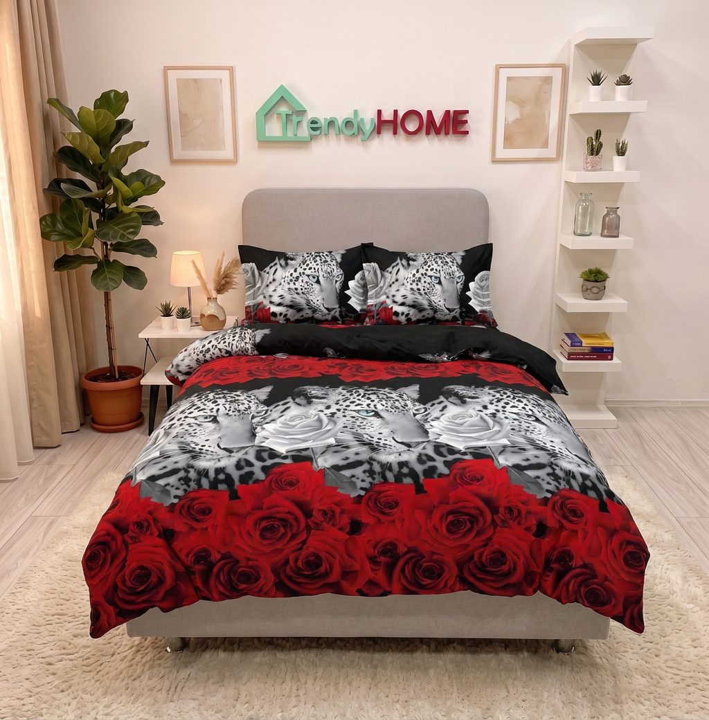 Lenjerie pat 1 Persoana, 4 PIESE, Bumbac Satinat, 3D, Model Leopard, Rosu/Negru BG-23 — fotografie reală, acasă