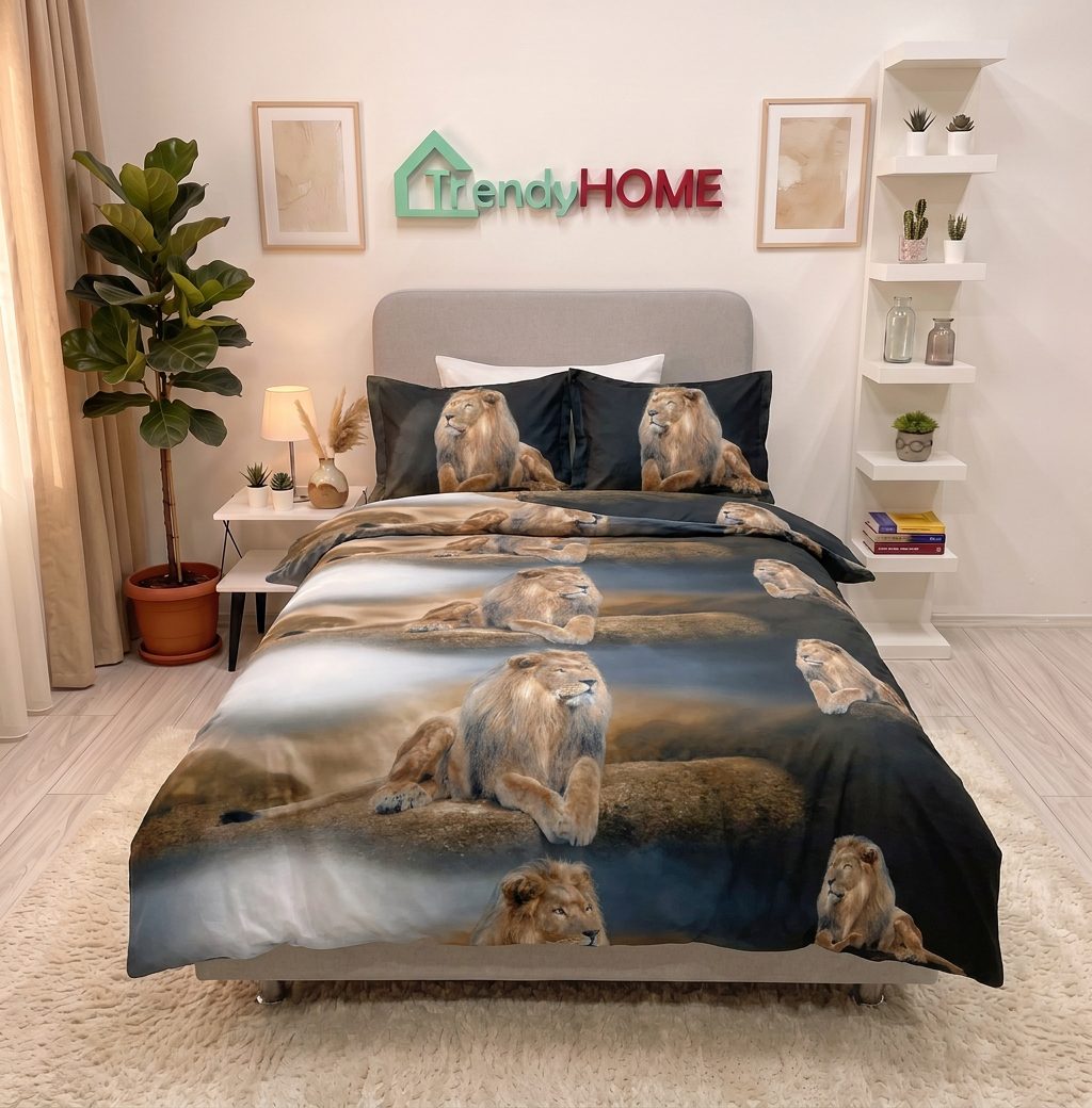 Lenjerie pat 1 Persoana, 4 PIESE, Bumbac Satinat, 3D, Model Leu, BG-22 — fotografie reală, acasă