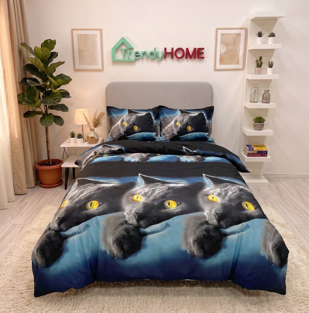 Lenjerie pat 1 Persoana, 4 PIESE, Bumbac Satinat, 3D, Model Pisici, BG-19 — fotografie reală, acasă