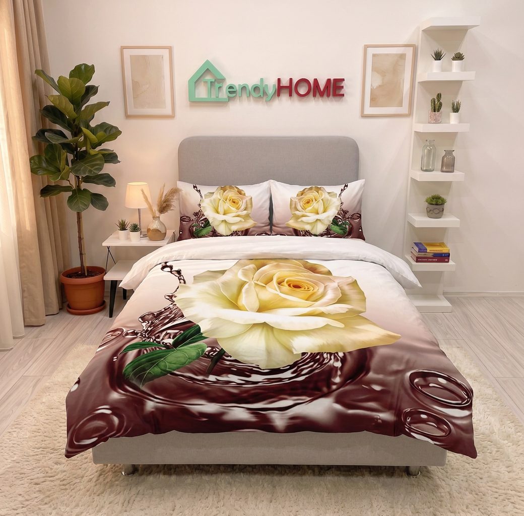 Lenjerie pat 1 Persoana, 4 PIESE, Bumbac Satinat, 3D, Model Trandafir, BG-27 — fotografie reală, acasă