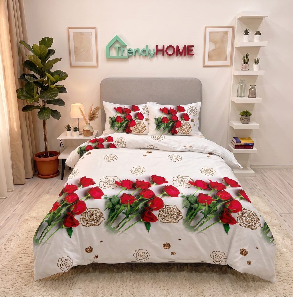 Lenjerie pat 1 Persoana, 4 PIESE, Bumbac Satinat, 3D, Model Trandafiri, Alb/Rosu BG-18 — fotografie reală, acasă